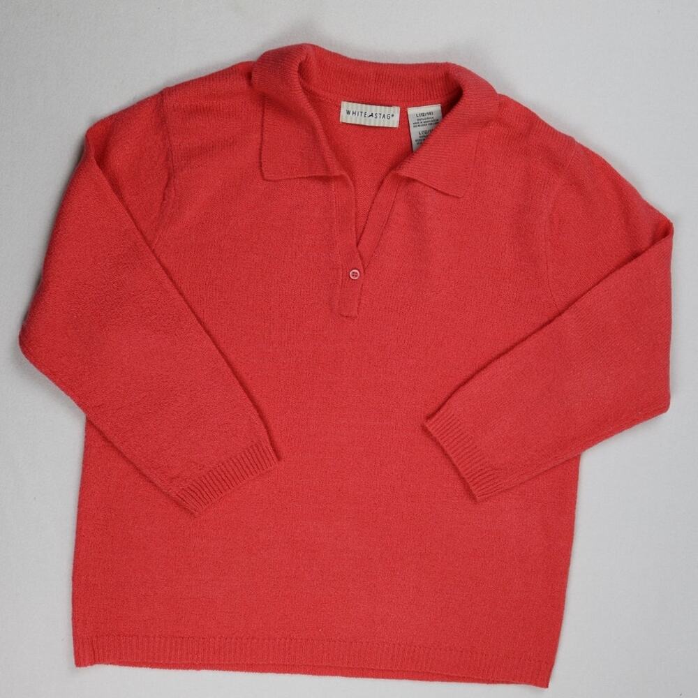 White Stag Coral Pink Polo Collar Knit Sweater Women L Vintage Preppy